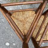 Pair tripod stool vintage design wood and straw