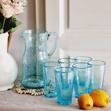 Service verre soufflé bullé bleu ciel