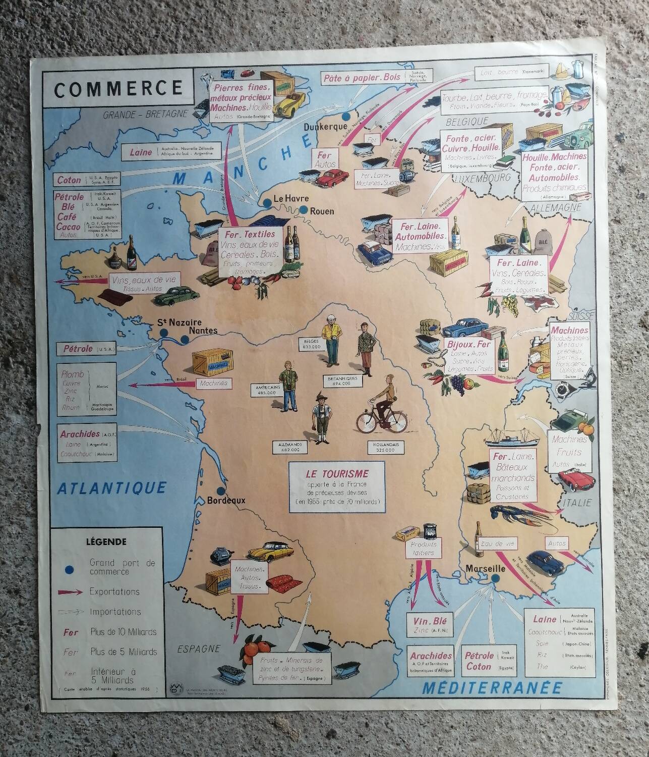 Vintage school map of France "Commerce and Clothing"