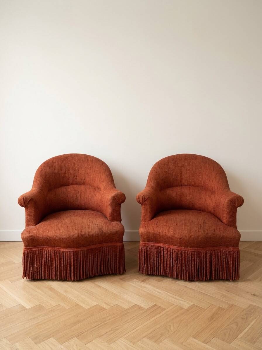 Pair of vintage toad chairs in rust fabric