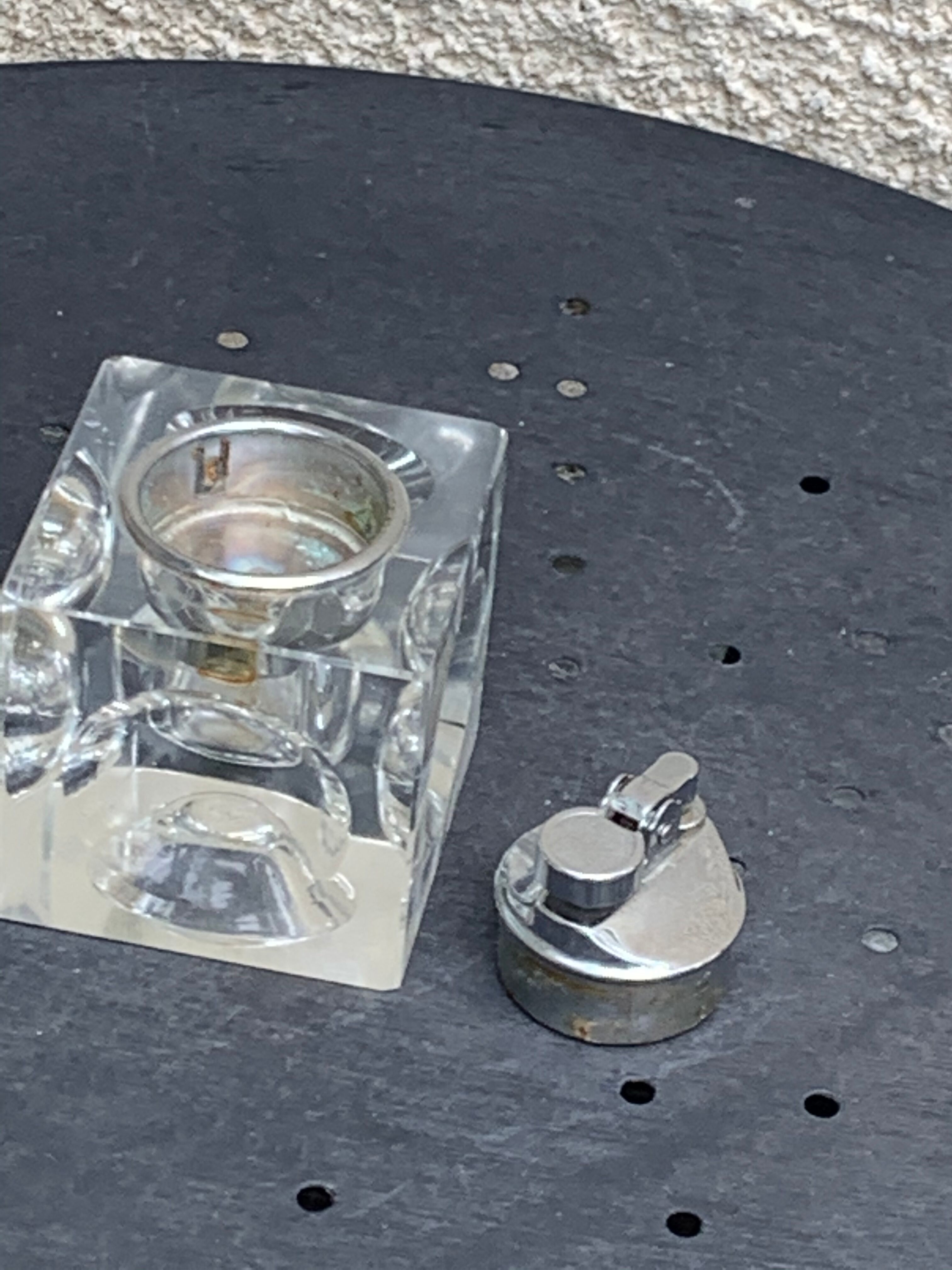 1970 glass and metal refillable table lighter