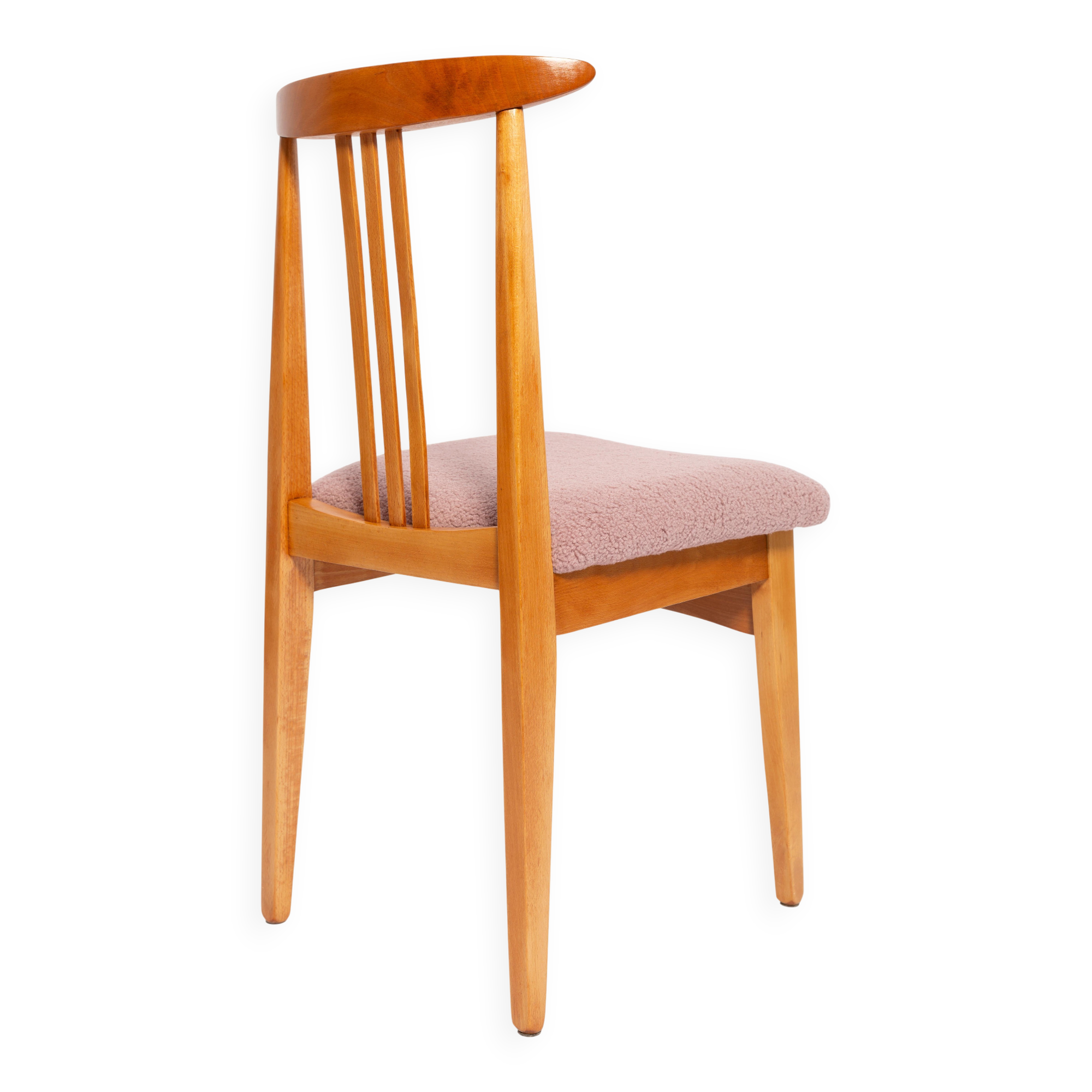 Blush pink bouclé chair mid-century in light wood by M. Zielinski, Europe, 1960s