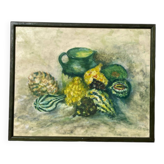 Still life painting of squash and pitcher