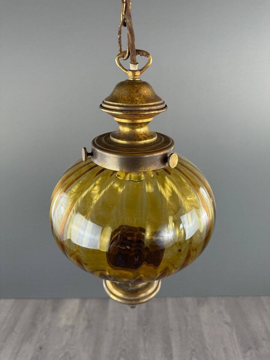 Pair of vintage amber blown glass lantern pendant lights, 20th century