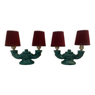 Pair of ceramic lamps with two arms of light, 1940s