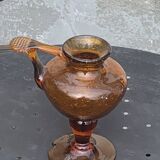 Candle holder, oil lamp, amber blown glass, ocher, BIOT, glassware made in France, vintage 1970