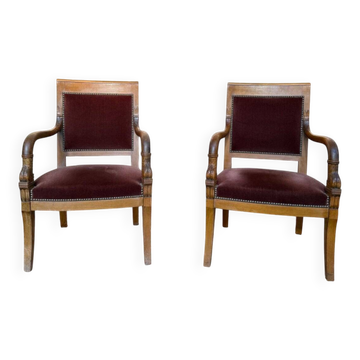 Pair of Empire style armchairs – Dolphin armrests – Beech and velvet