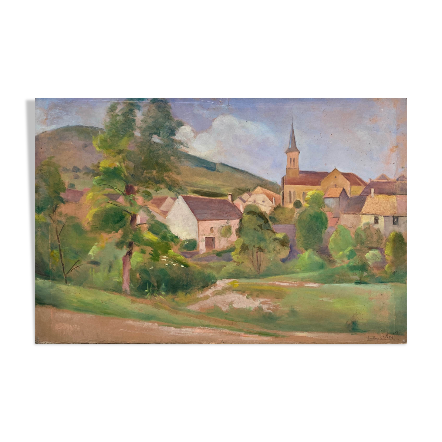 HSP painting "The village of Agey" (Côte d'Or) by Auguste Mallard (1895-1965)
