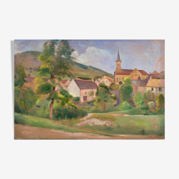 Tableau HSP "Le village d'Agey" (Côte d'Or) par Auguste Mallard (1895-1965)