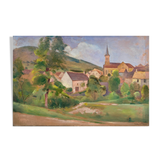 Tableau HSP "Le village d'Agey" (Côte d'Or) par Auguste Mallard (1895-1965)