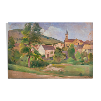 HSP painting "The village of Agey" (Côte d'Or) by Auguste Mallard (1895-1965)