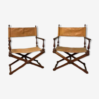 Pair of folding armchairs with leather seats
