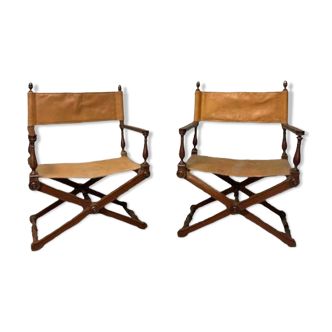 Pair of folding armchairs with leather seats