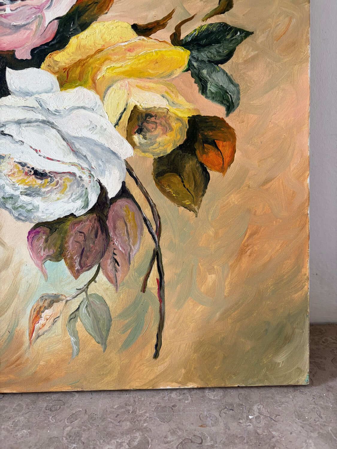 Autumn roses, oil on canvas signed Esterel.