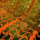 Orange pierced sheet metal bench