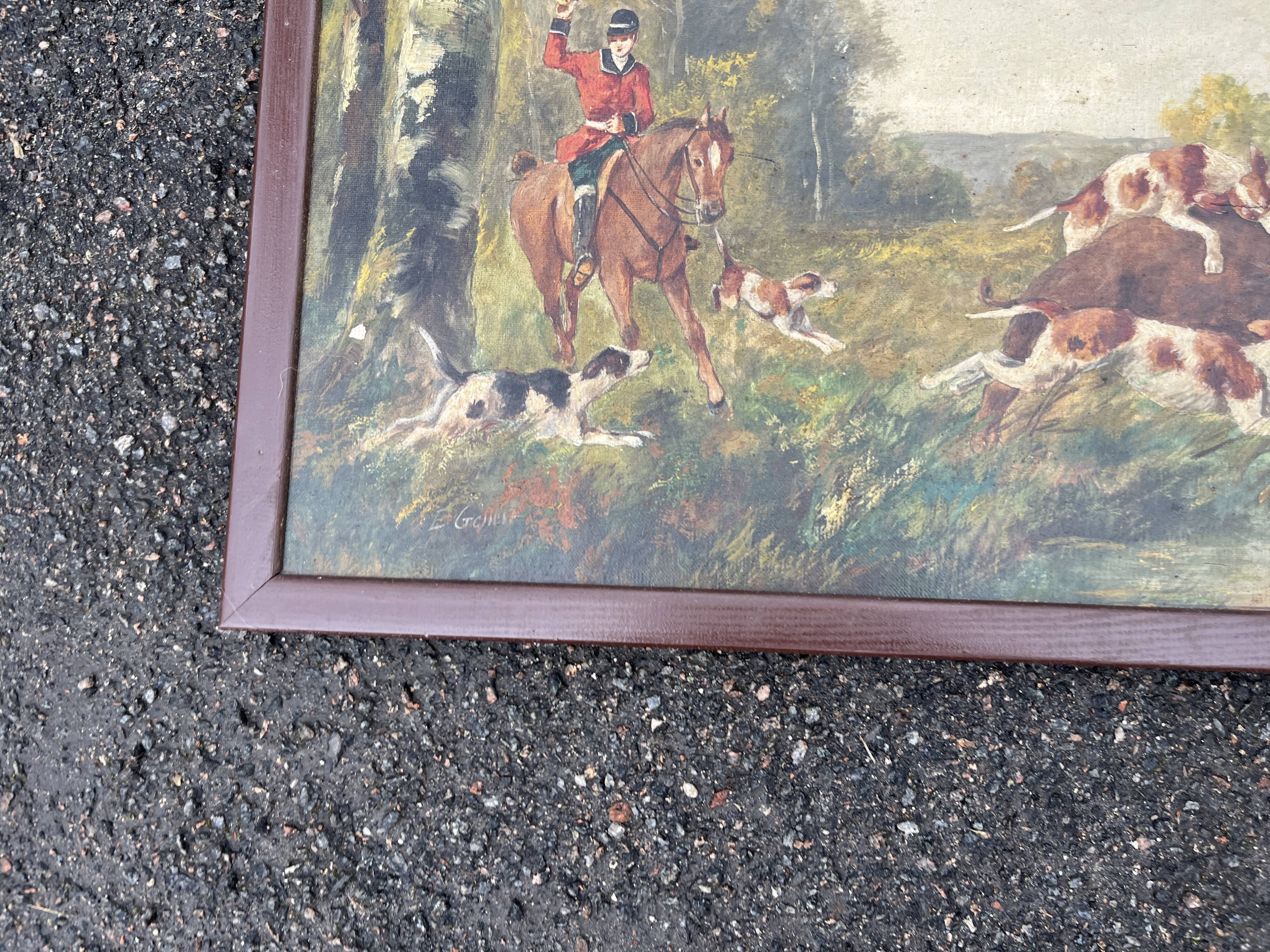Pair of oil on canvas paintings depicting hunting scenes with deer and wild boar.