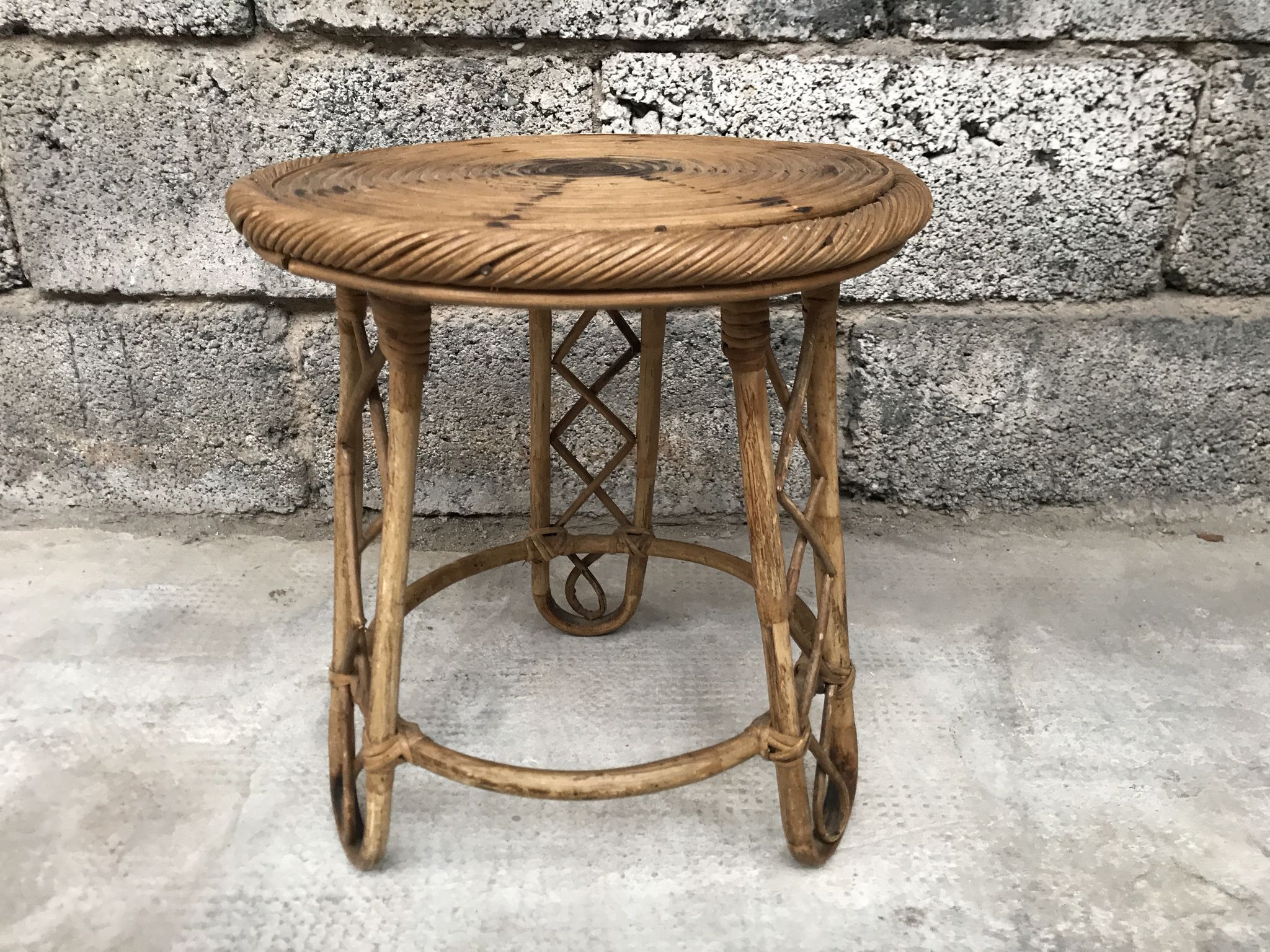 Bamboo stool 50s Decoration natural wood rattan wicker Vintage Plant Door