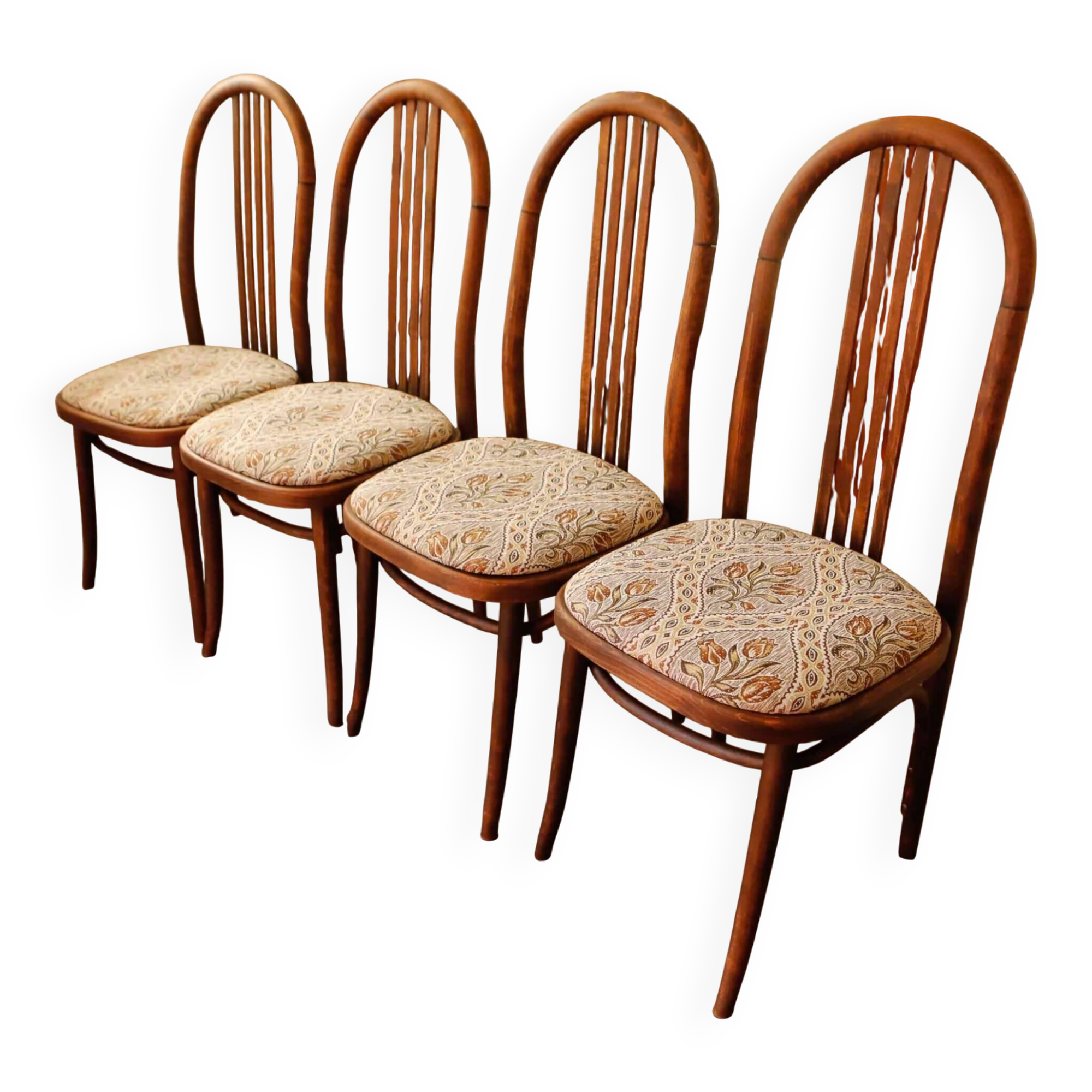 Set of four bentwood TON chairs from the 1970s with floral upholstery