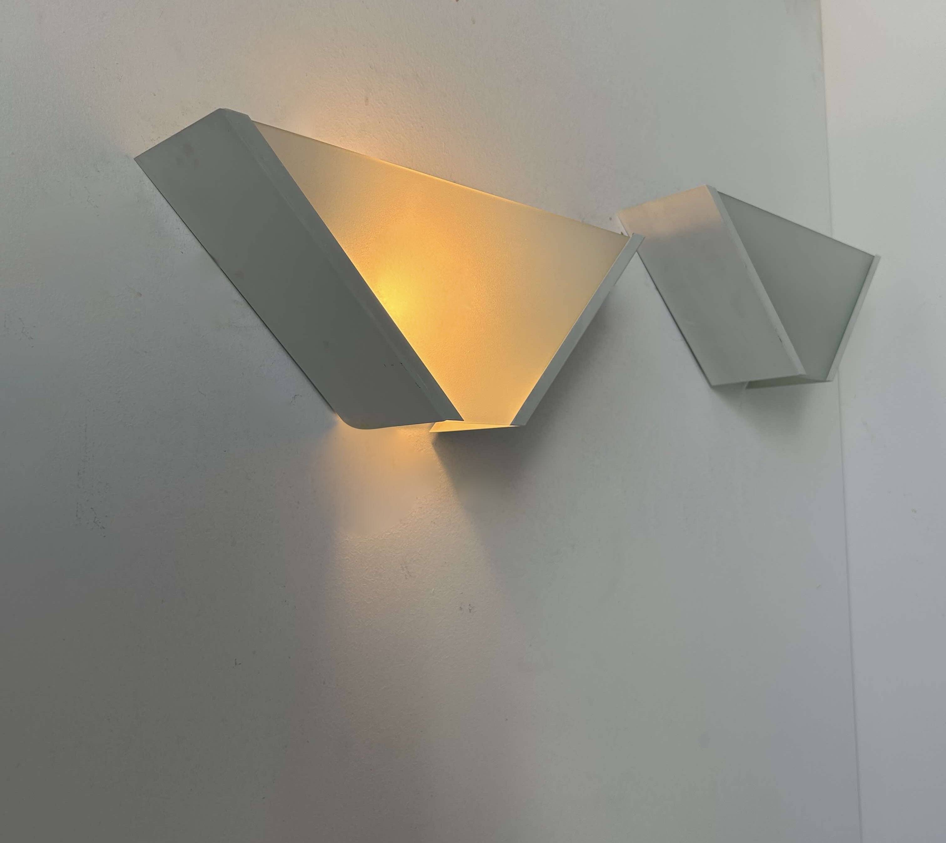 Pair of vintage geometric wall lights, sandblasted glass and white metal, Italy 1970