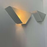 Pair of vintage geometric wall lights, sandblasted glass and white metal, Italy 1970