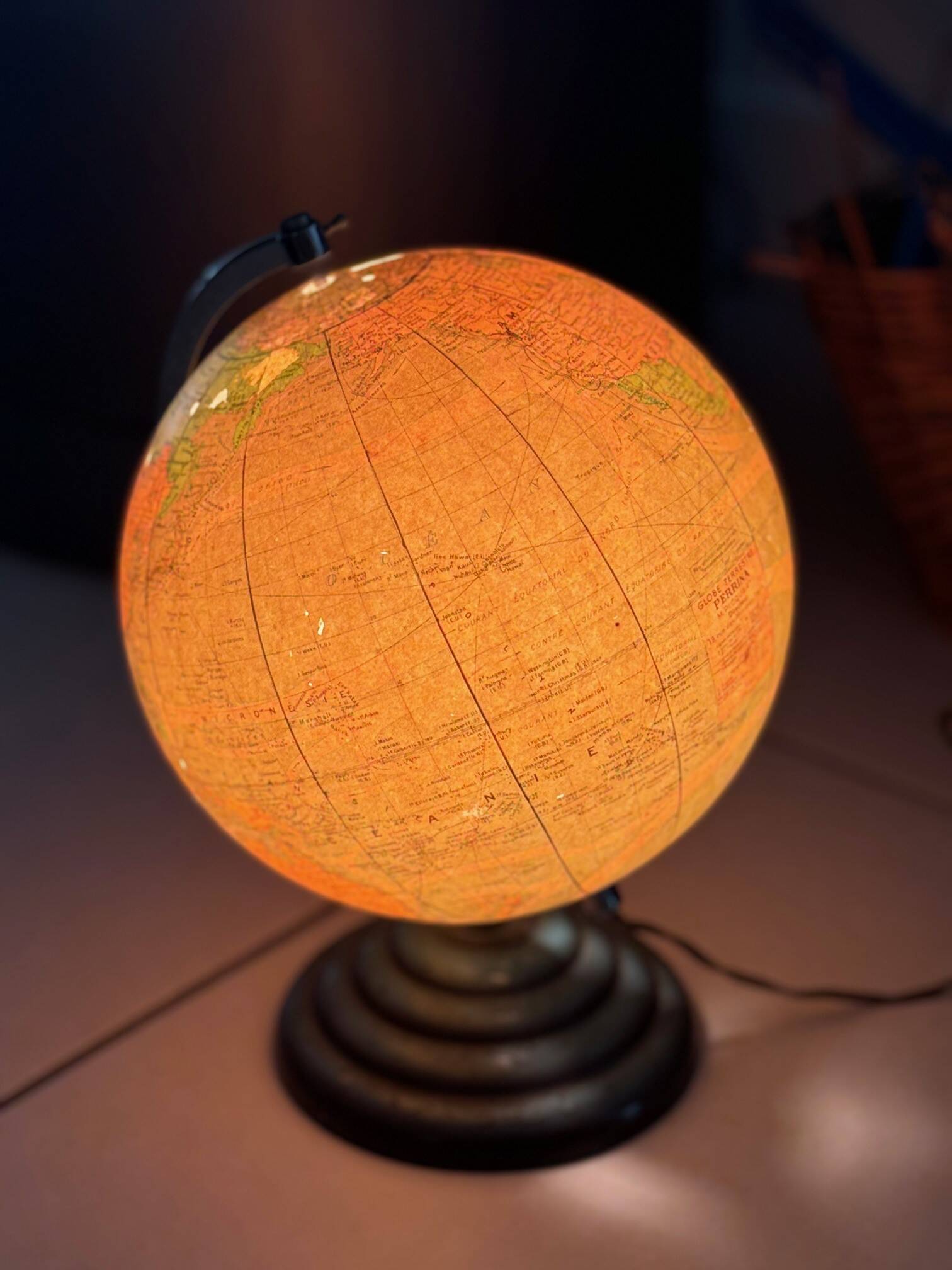 Vintage glass and metal world map for Perrina, circa 1960