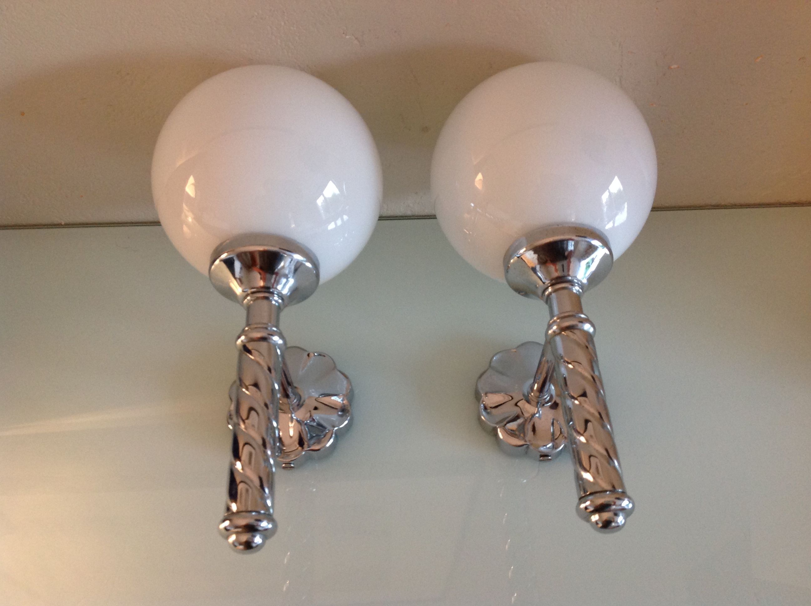Pair of globe wall lamps in white opaline and chrome/vintage metal 70s