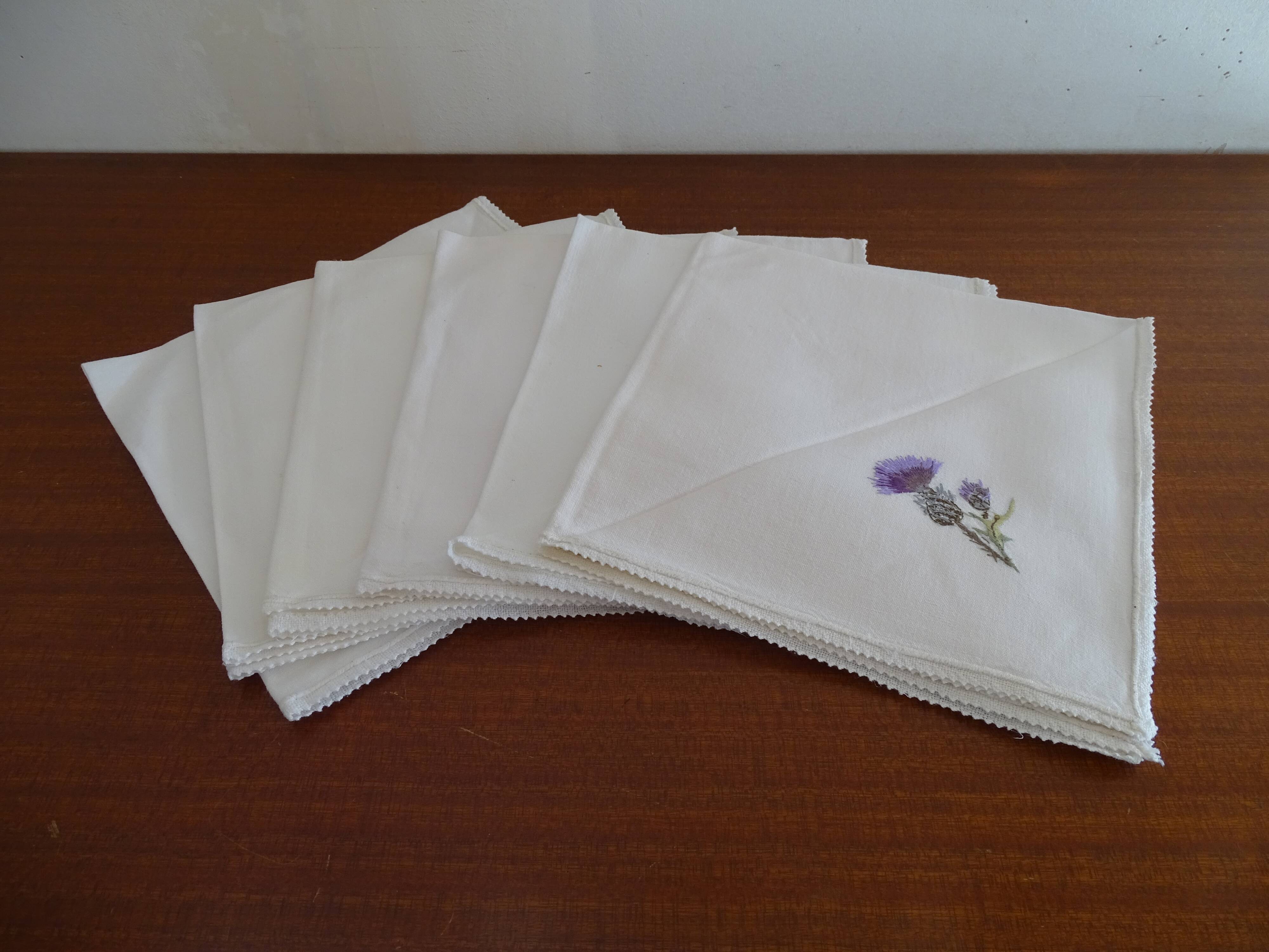 6 napkins embroidered old white cotton and flowers 43 x 43
