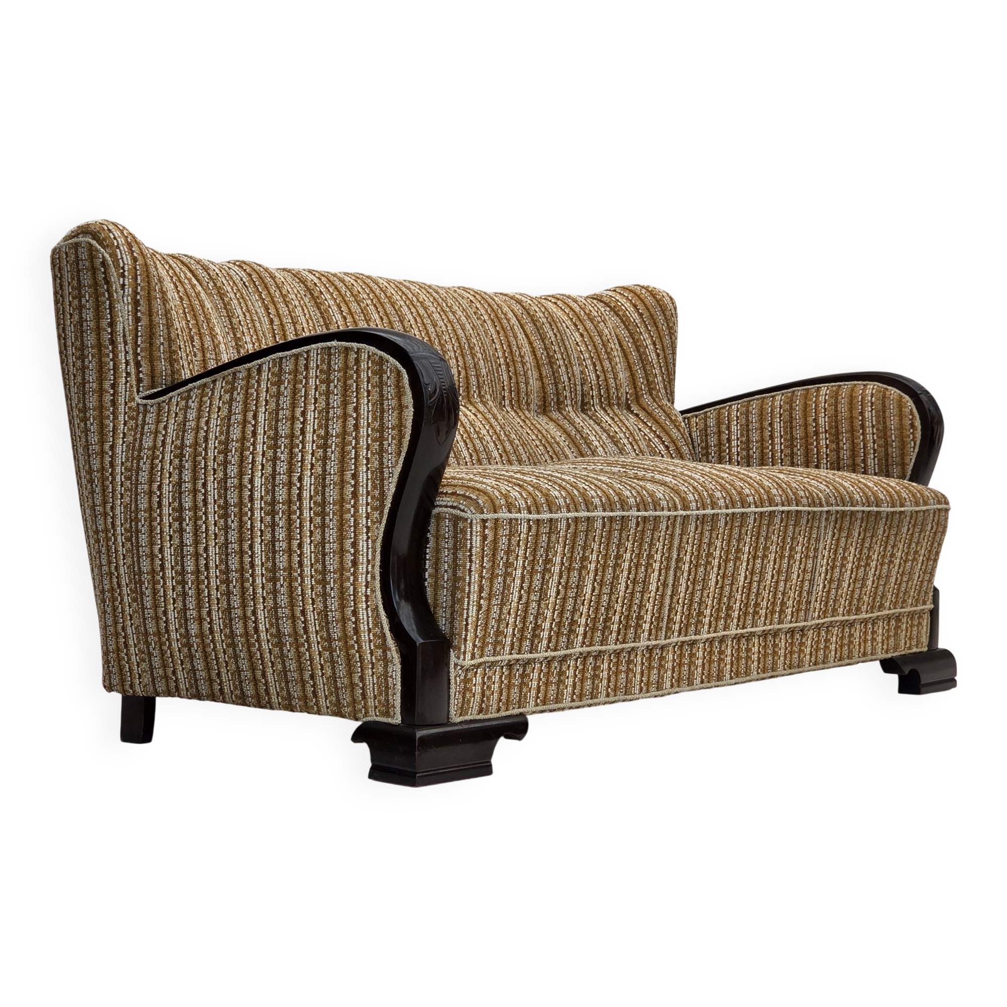 1960s, Danish 3-seater sofa, original, brown furniture wool, beech wood.