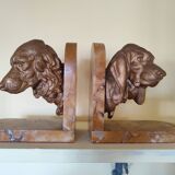 Pair of dog head bookends in spelter on marble slab, signed Lecourtier - sculptures