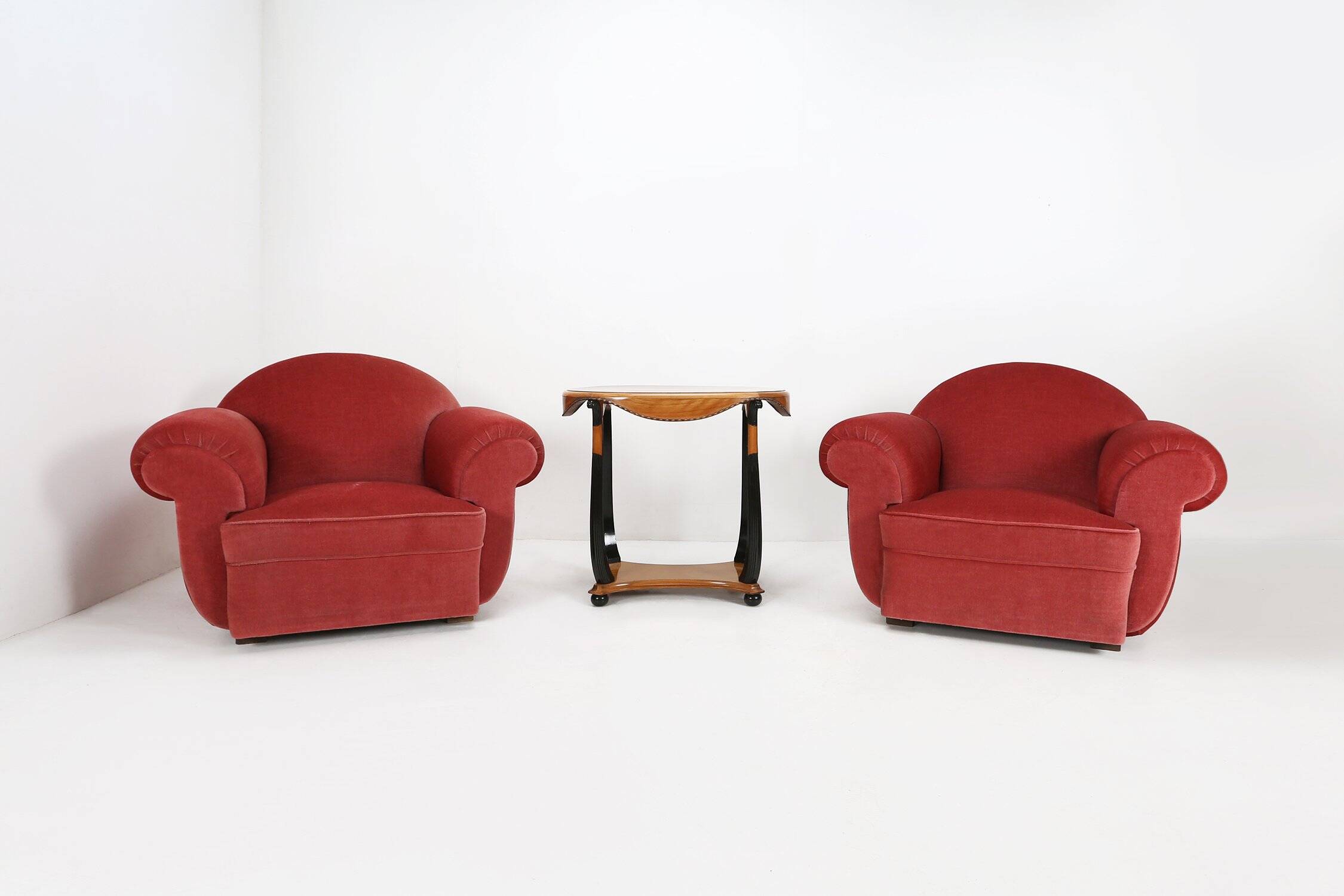 Set of 3 French Art Deco Red velvet Upholstered Armchairs, 1930s