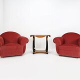Set of 3 French Art Deco Red velvet Upholstered Armchairs, 1930s