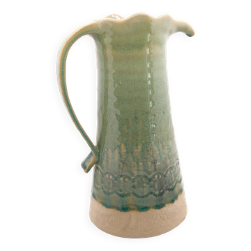 Handcrafted XL pitcher in mint green enameled stoneware