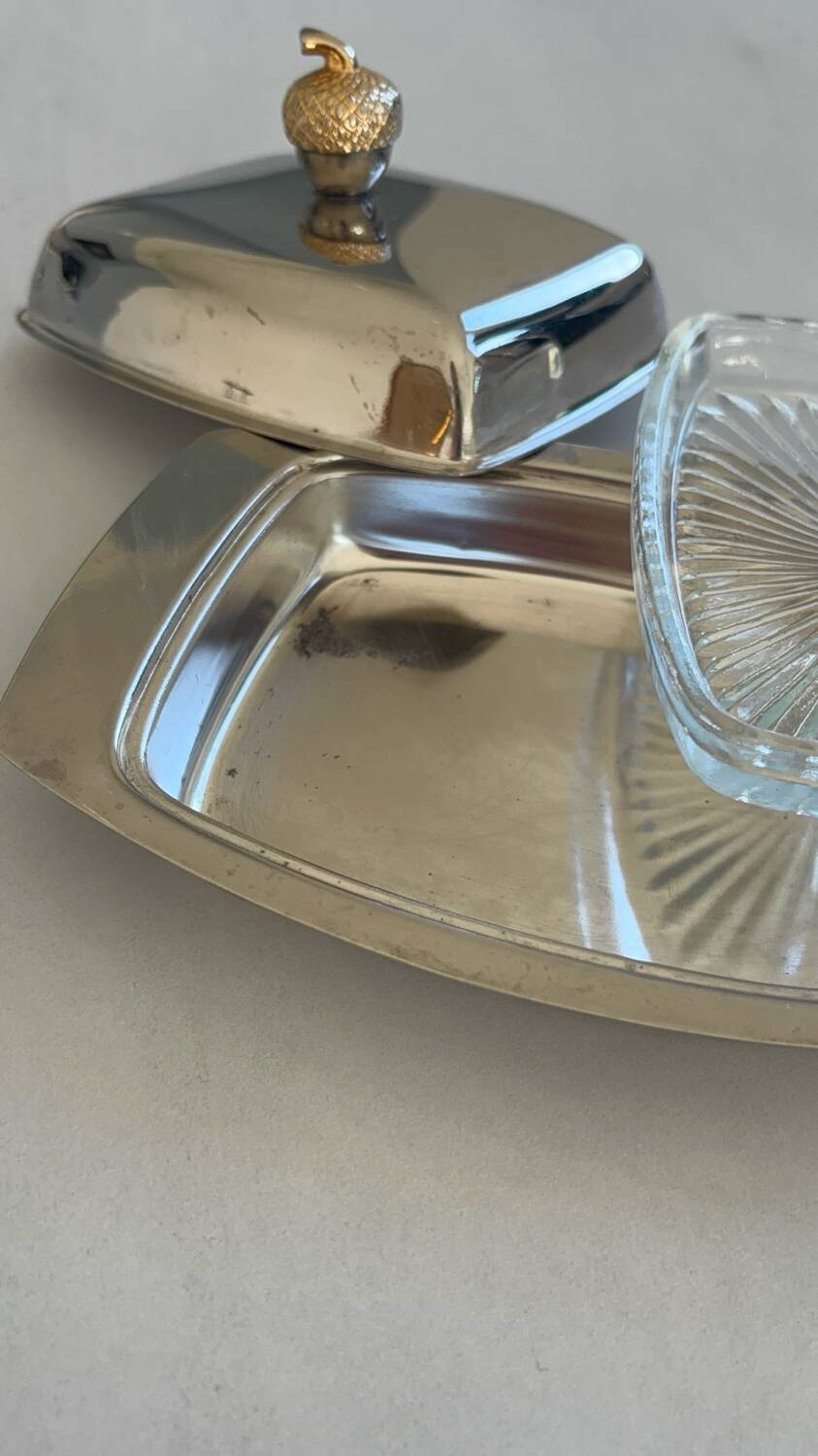 Vintage silver-plated butter dish with golden hazelnut - retro elegance