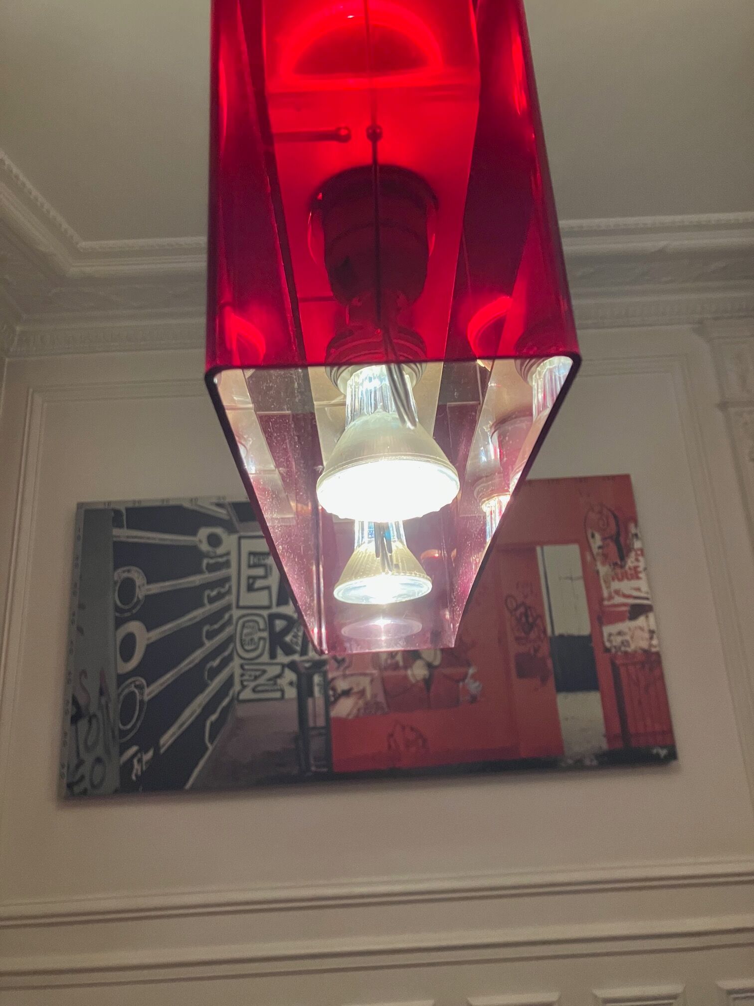 Duplex pendant lamp - Fontana Arte red plexiglass by Carlo Tamborini