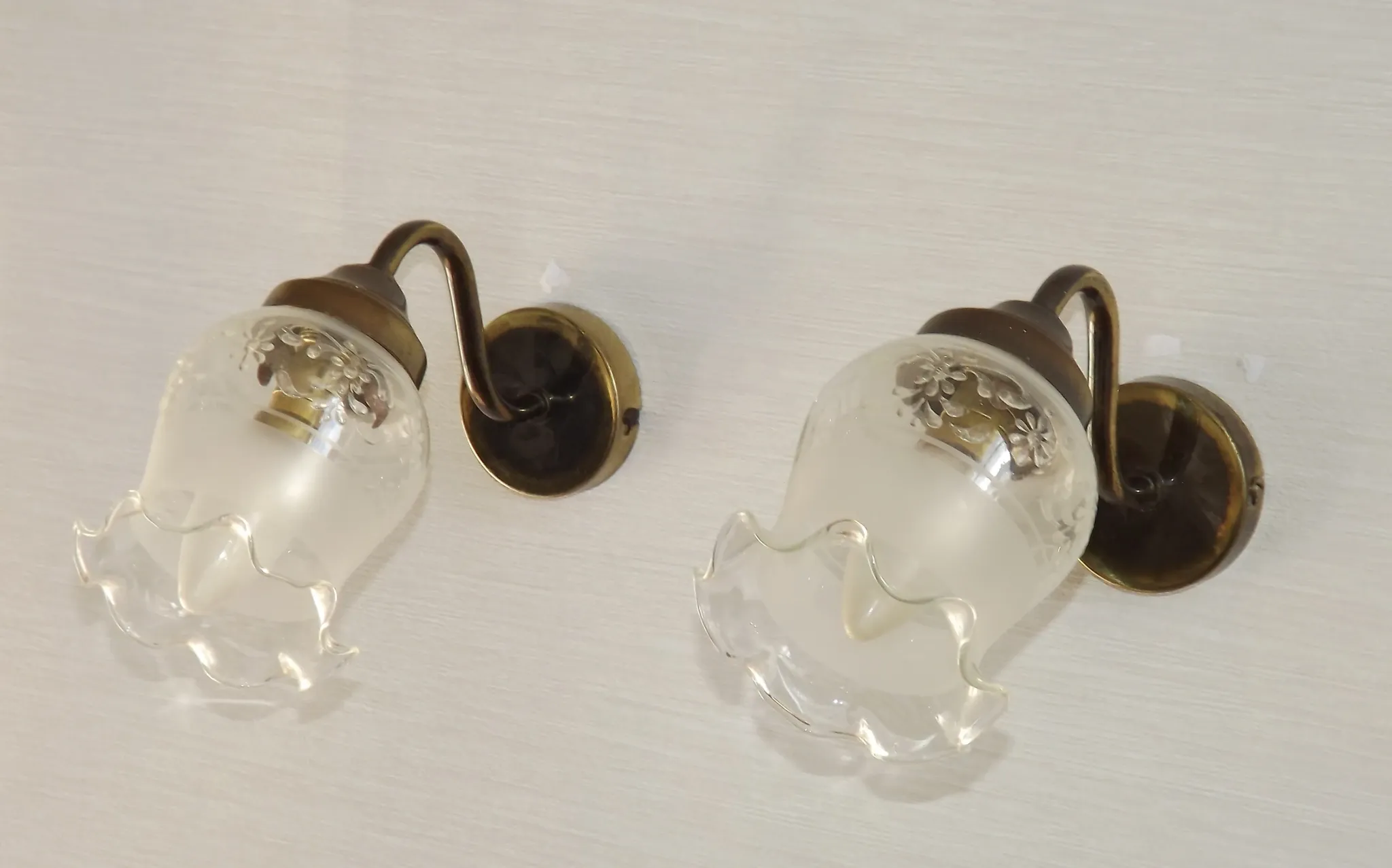 Pair of French Vintage Bronze Effect Metal Wall LIghts Floral Glass Shades