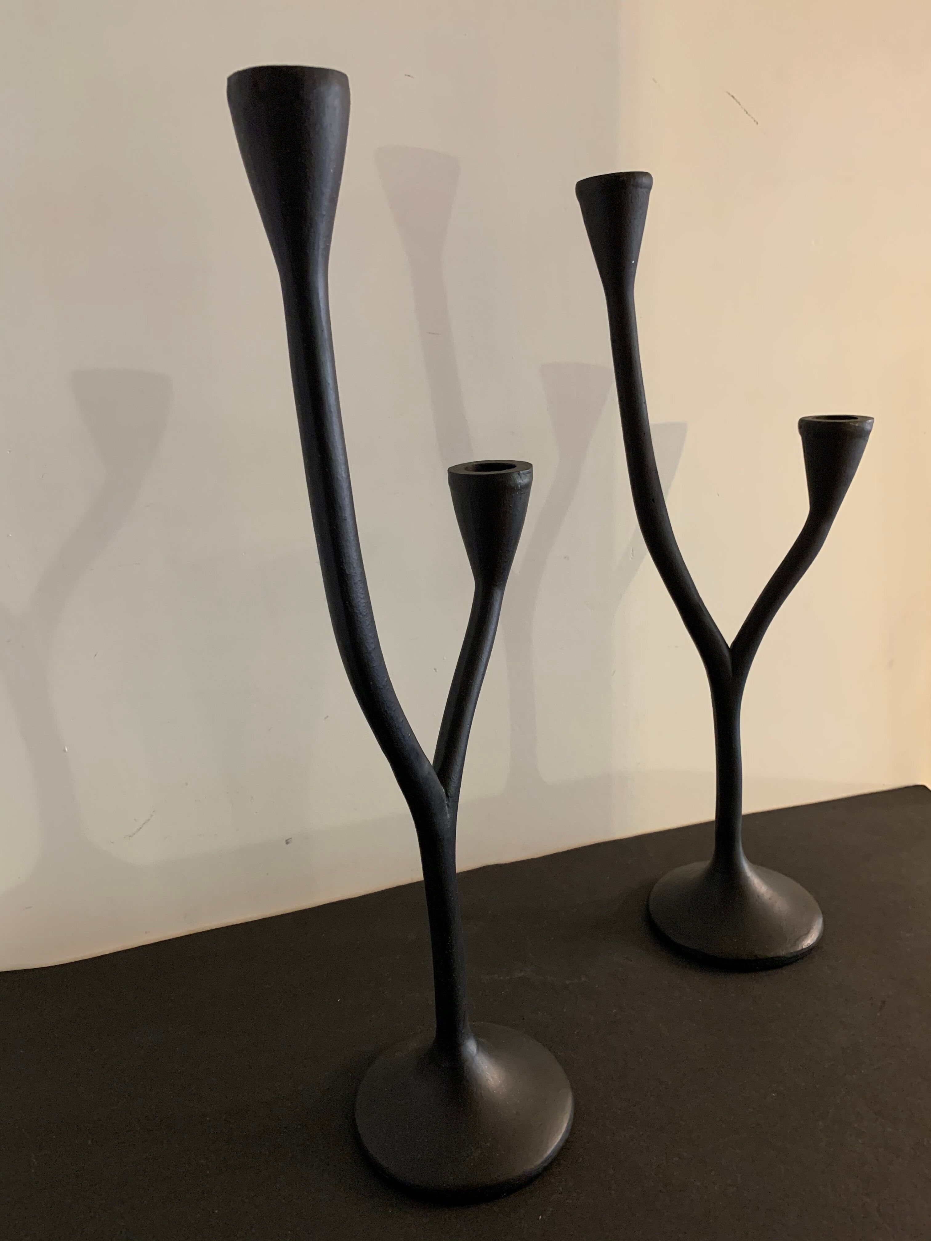 Pair of black candlesticks art deco in steel Habitat 1970