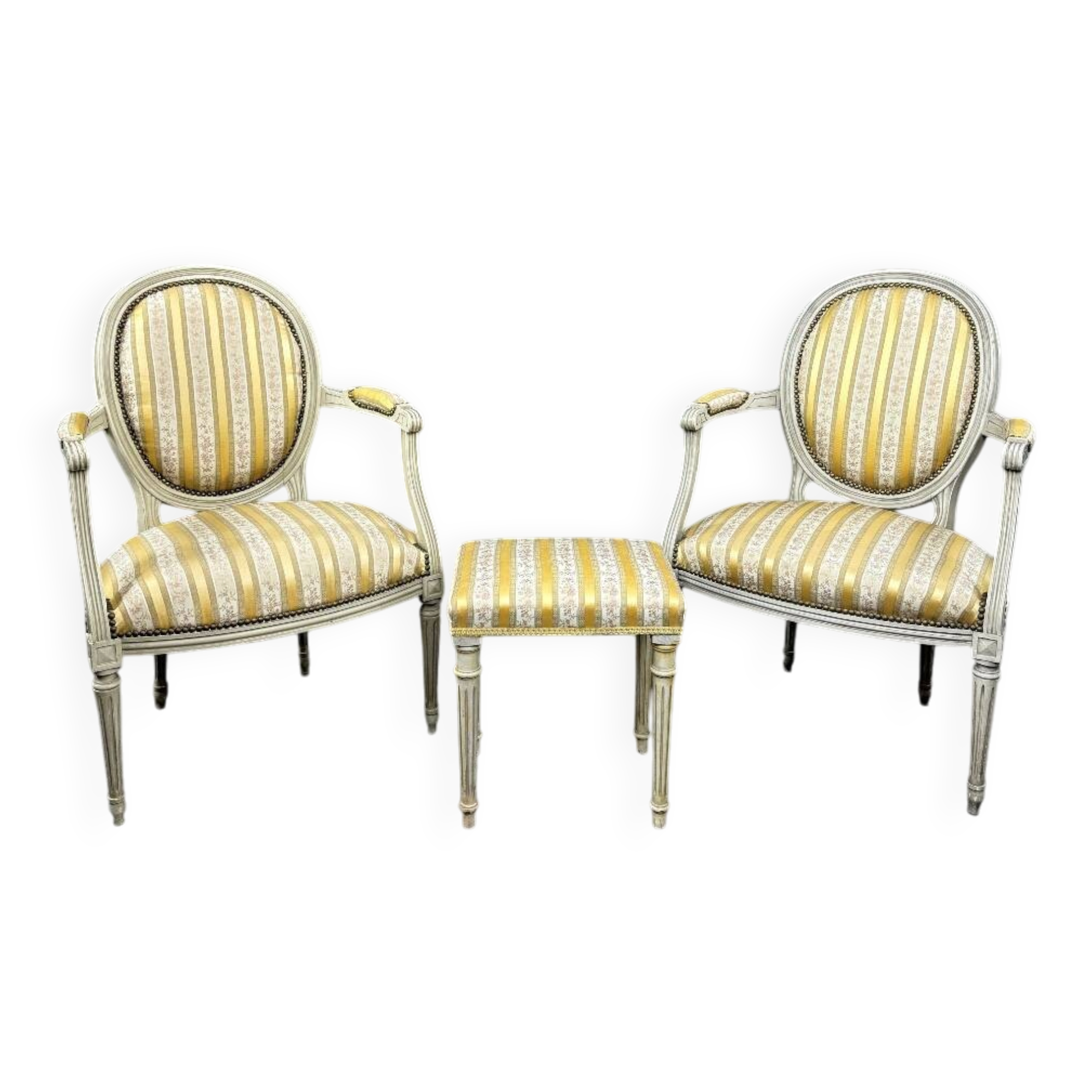 Pair of Medallion Armchairs in Louis XVI Style with Footrests, 20th Century
