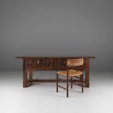 Table console espagnole ancienne en bois de chêne, avec 2 grands tiroirs du 18ème siècle.