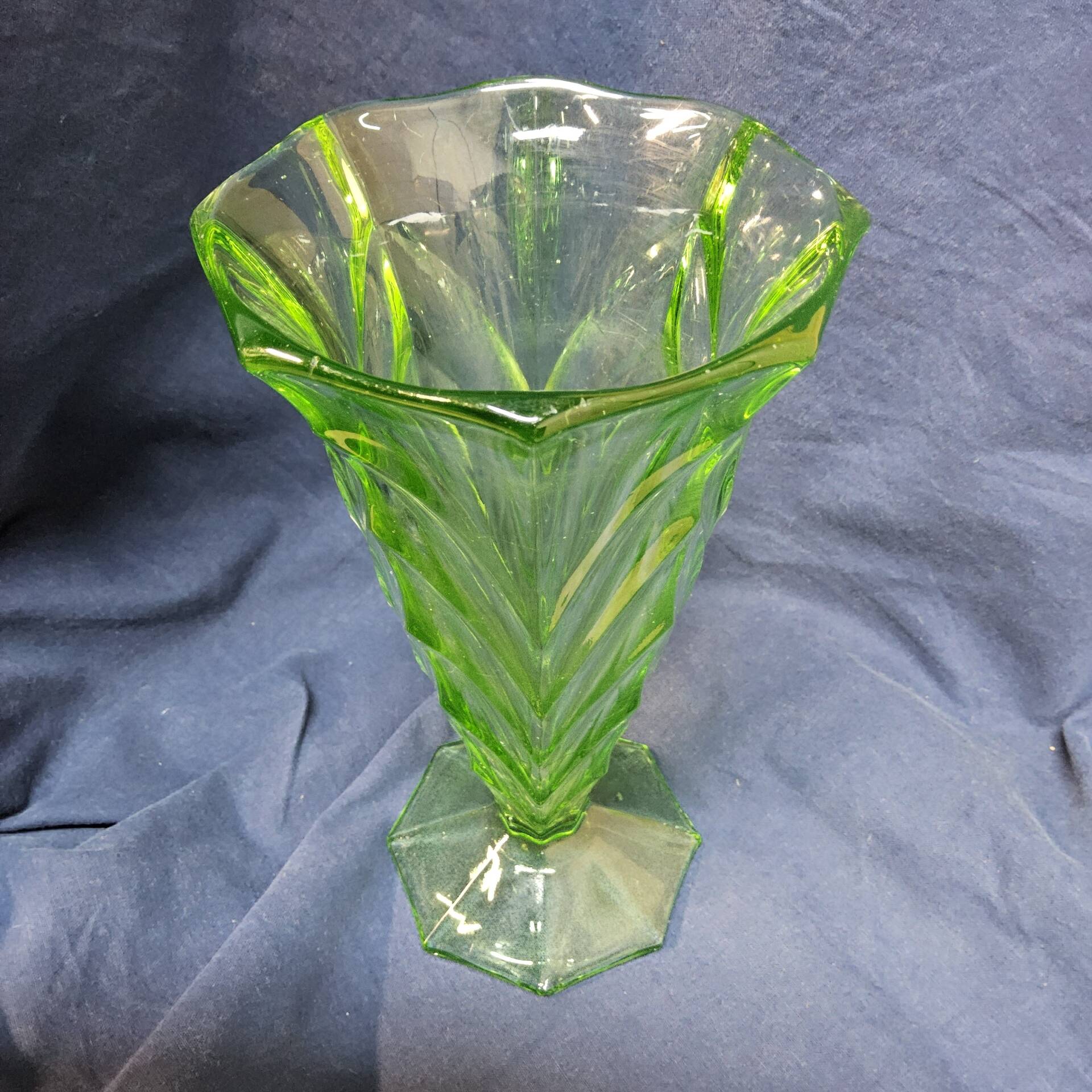 Antique Art Deco Bohemian uranium vase / geometric glass