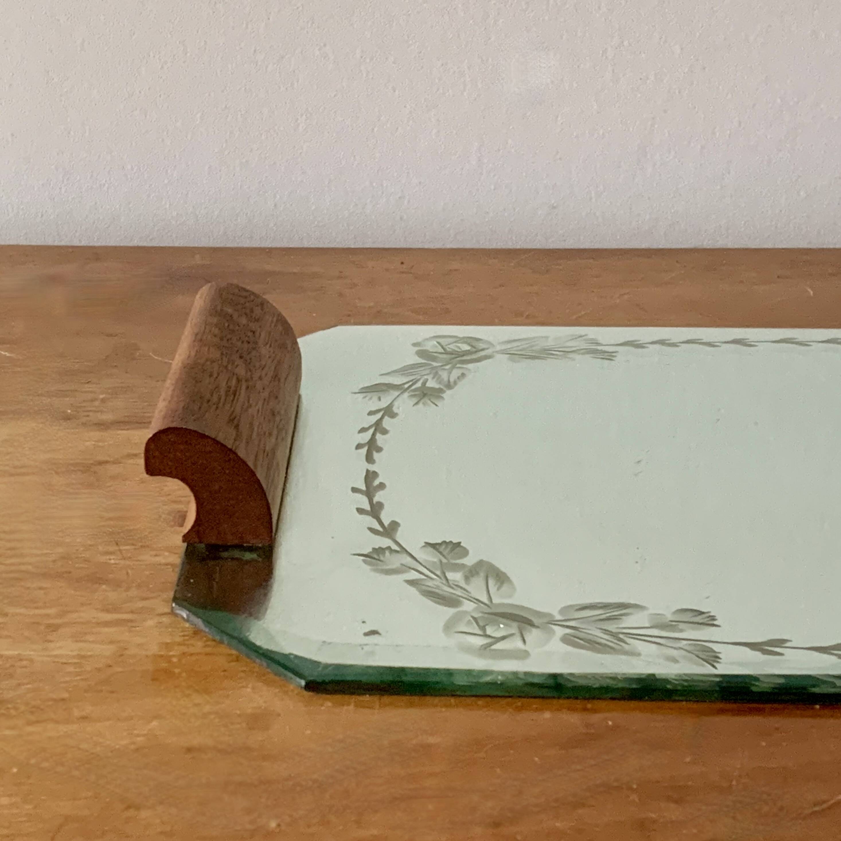 Art Deco mirrored tray with wooden handles