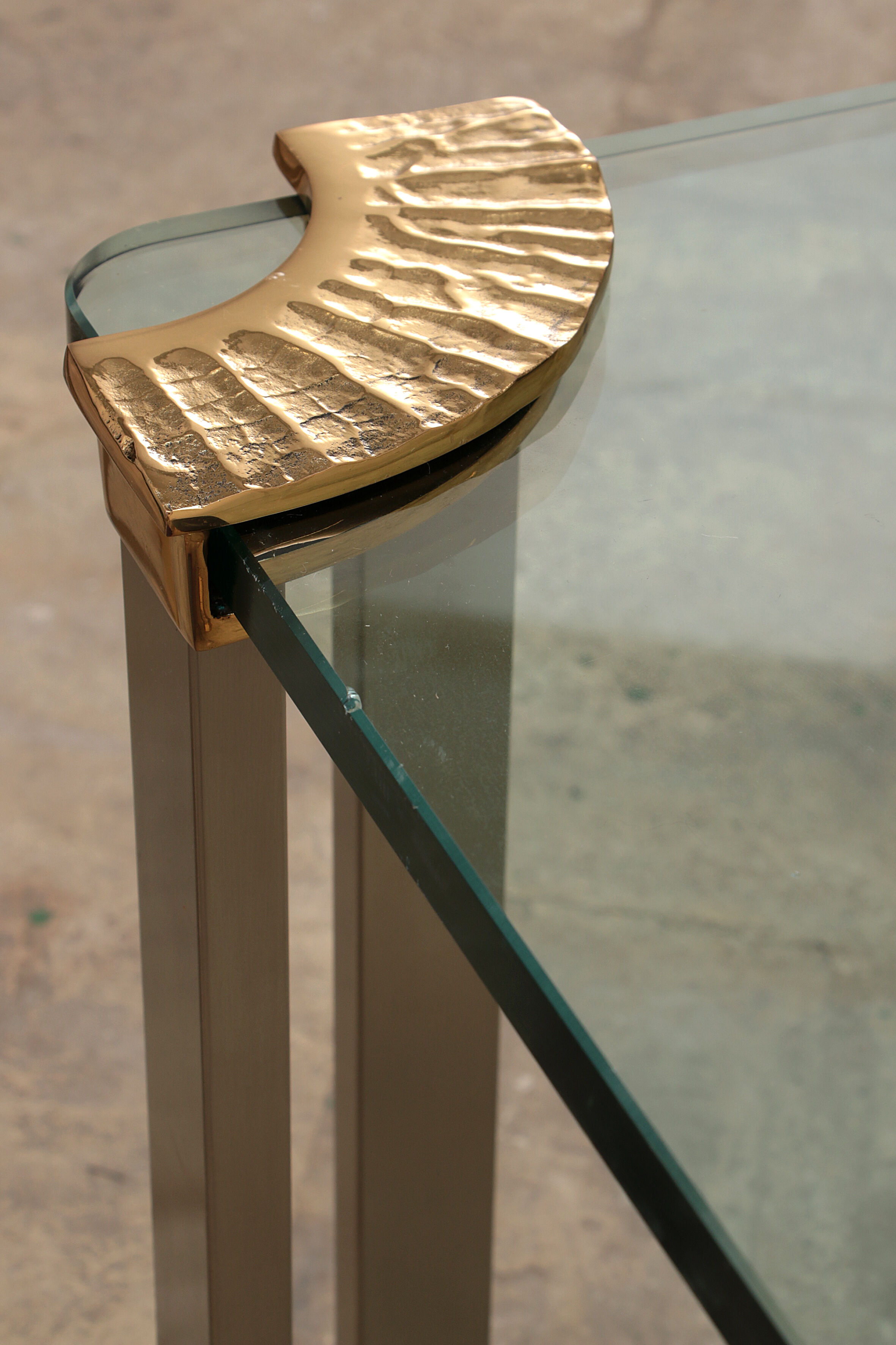 Hollywood regency gold glass coffee table with glass side table 1970