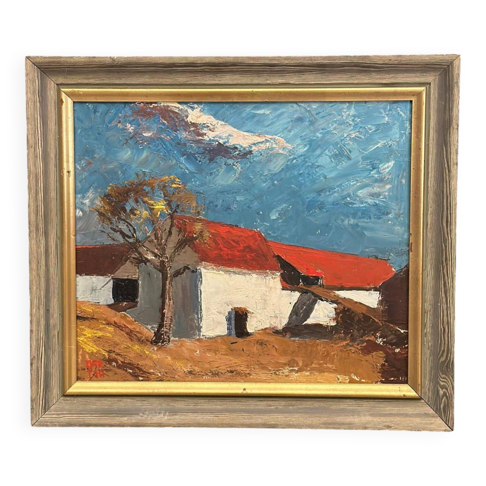 Huile sur panneau originale – “Barn” par Bartja Björklund – Vintage et encadrée