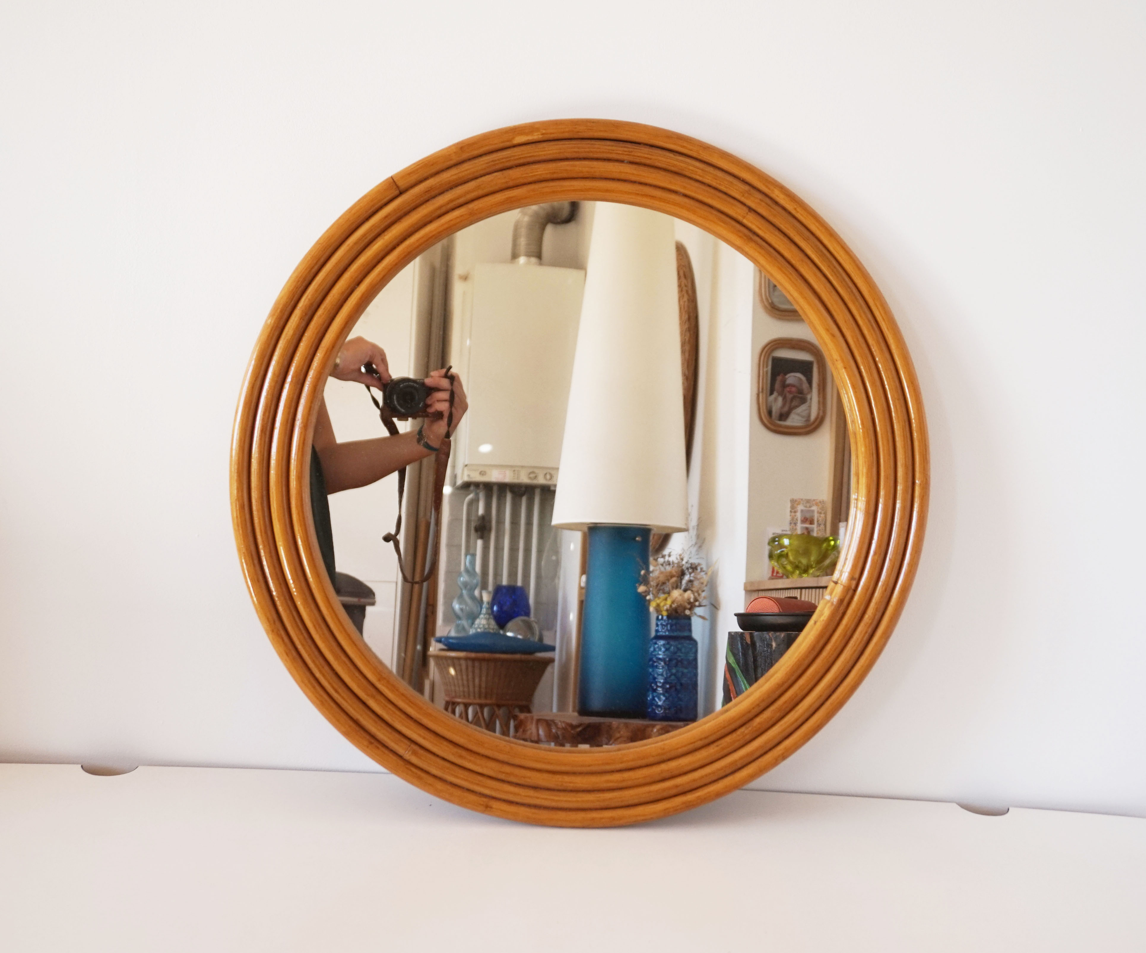 Round rattan bamboo mirror, 60 cm