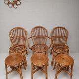 Bamboo table with extensions, 3 chairs and 3 stools from the 60s