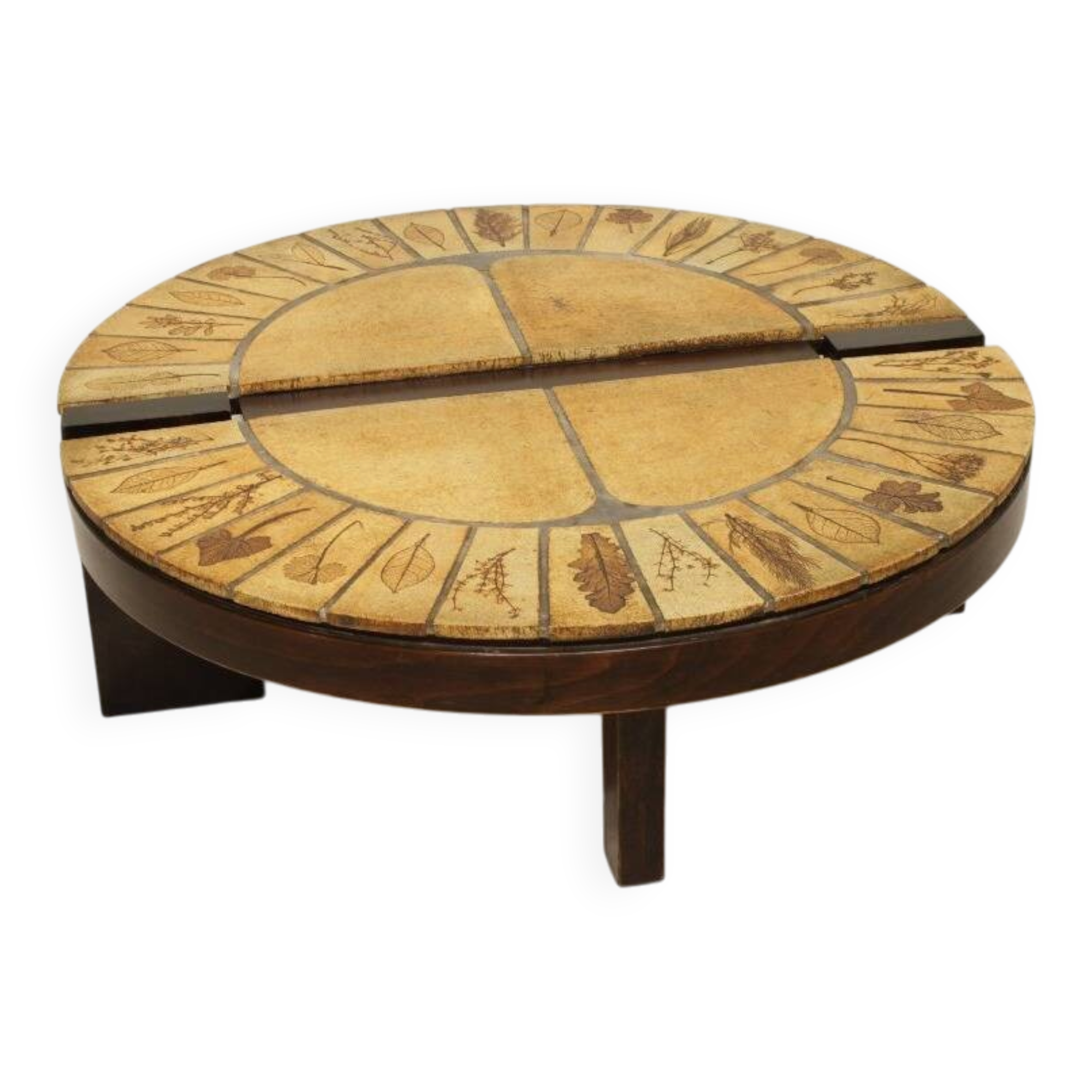 Round coffee table herbarium Roger Capron, Vallauris - ceramic and wooden structure