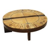 Table basse ronde herbier Roger Capron, Vallauris - céramique et structure en bois