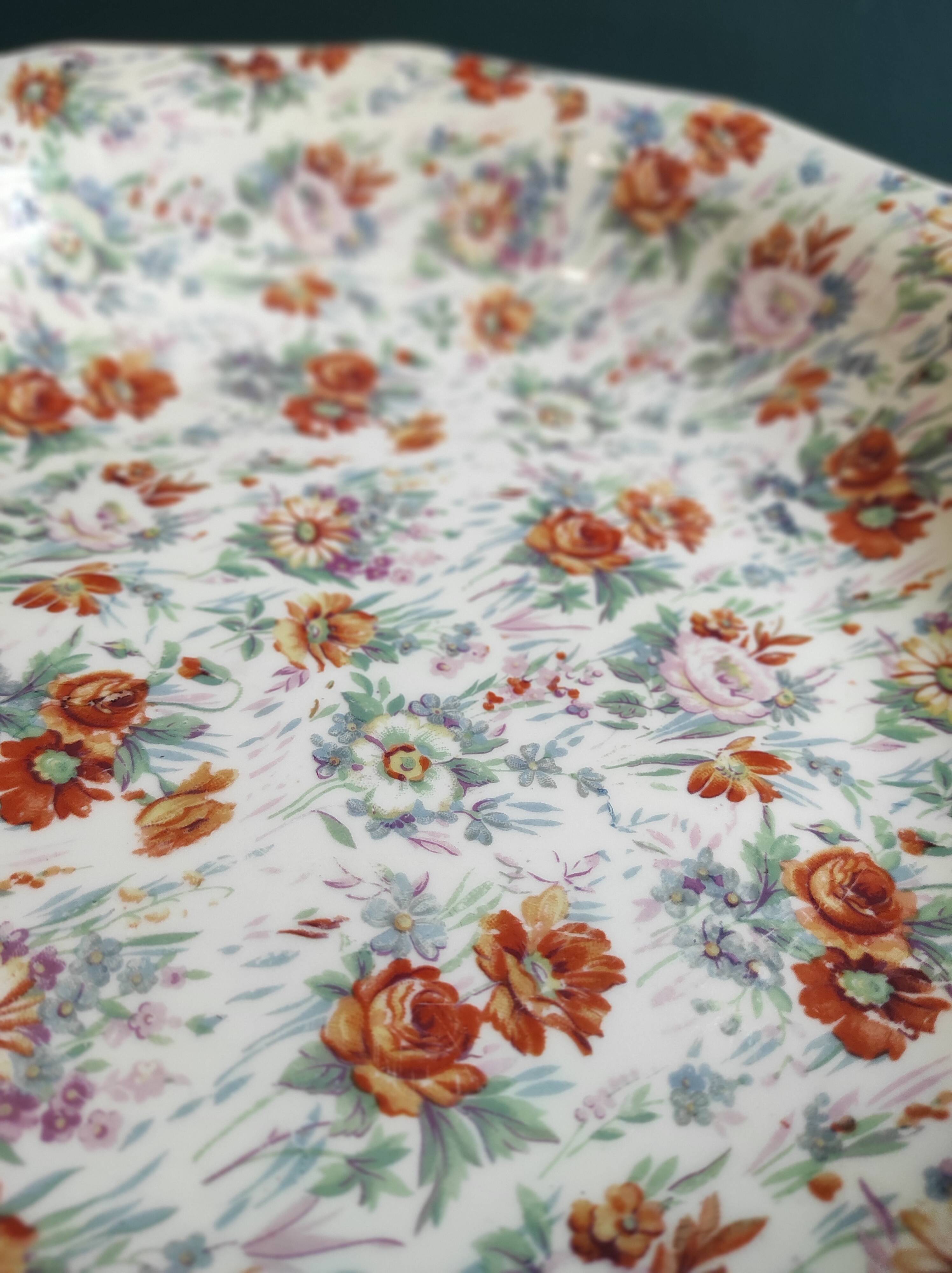 Vintage French salad platter from Le Tallec, Limoges, with colourful floral decoration