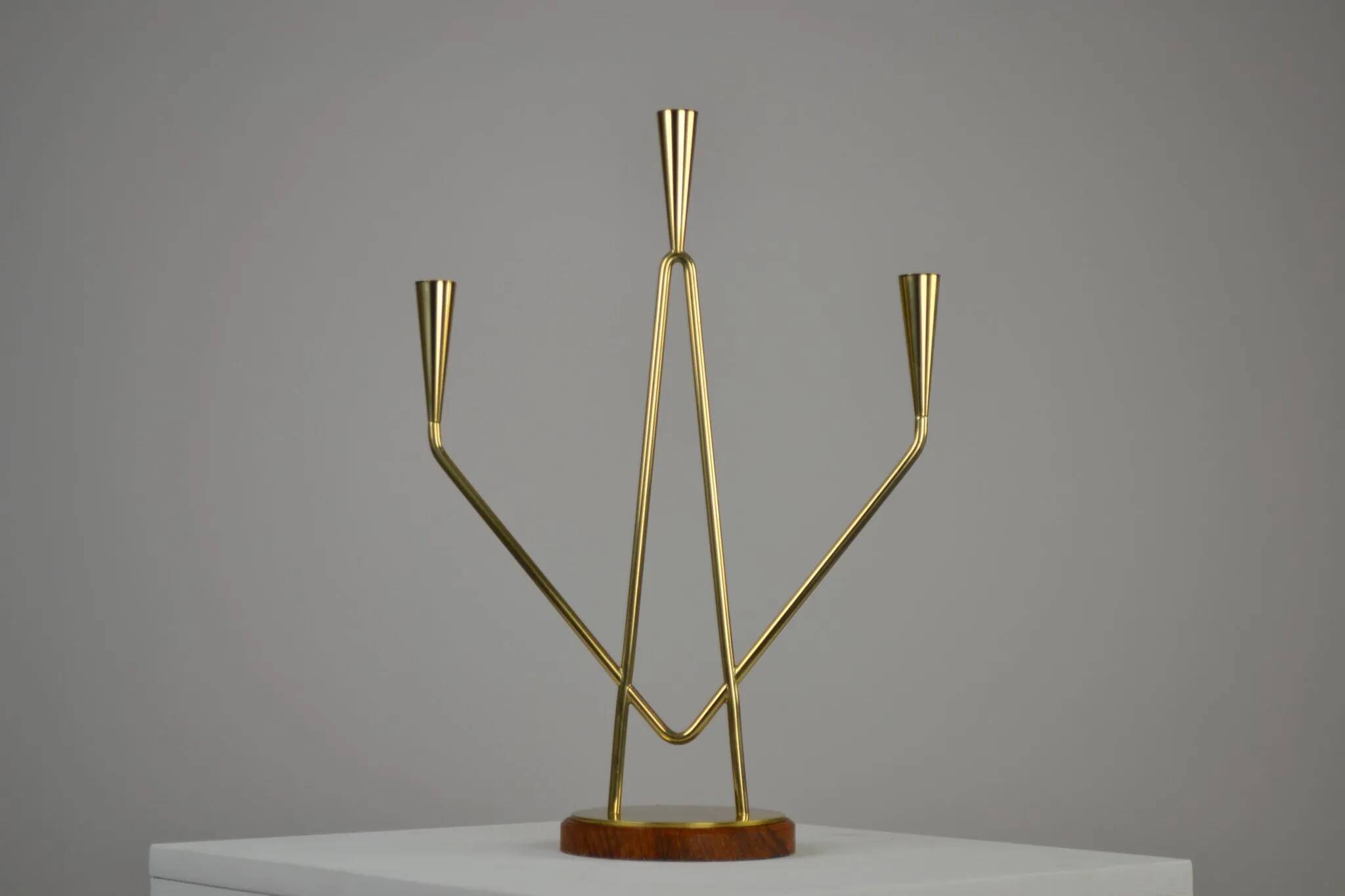 Brass and Teak Candelabra by Gunnar Ander for Ystad-Metall, Sweden, 1950s