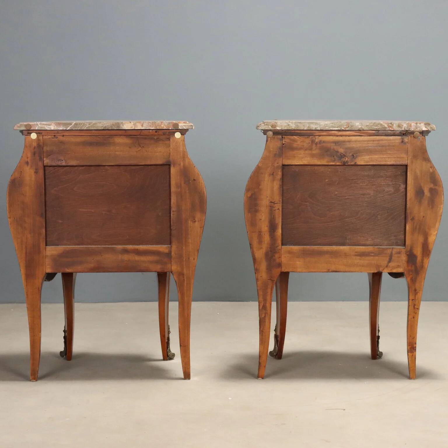 Antique baroque bedside tables in walnut and marble, Italy, 20th century.