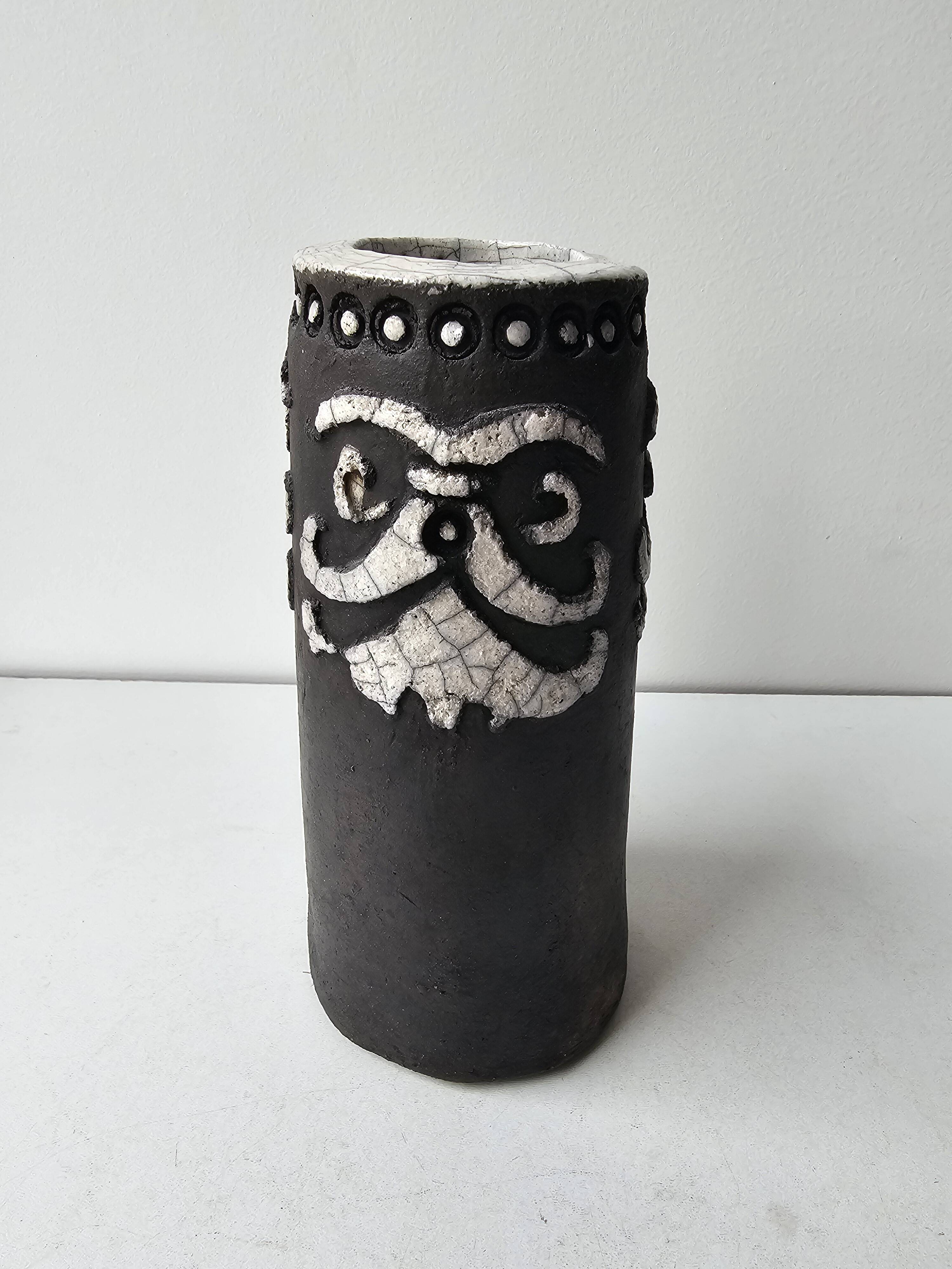 Raku ceramic roll vase signed Potty